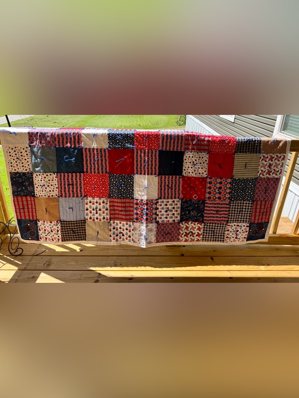 Handmade Patriotic Patchwork Cotton Quilt in Red, Navy & White